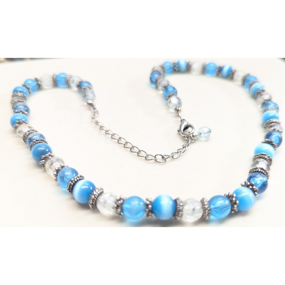 Vintage Beaded Necklace Blue Cats Eye Glass Silver Tone Boho Strand Clear Beads